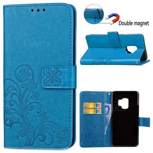 Embossing Imprint Four-Leaf Clover Leather Wallet Case for Samsung Galaxy S9 - Blue