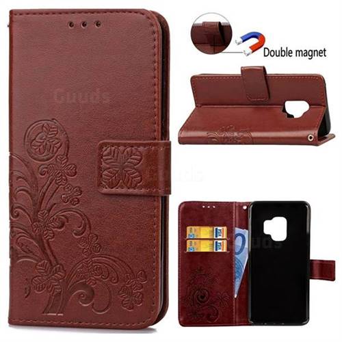 Embossing Imprint Four-Leaf Clover Leather Wallet Case for Samsung Galaxy S9 - Brown