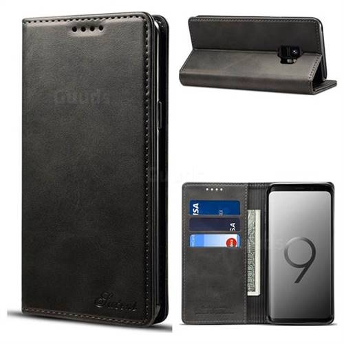 Suteni Simple Style Calf Stripe Leather Wallet Phone Case for Samsung Galaxy S9 - Black