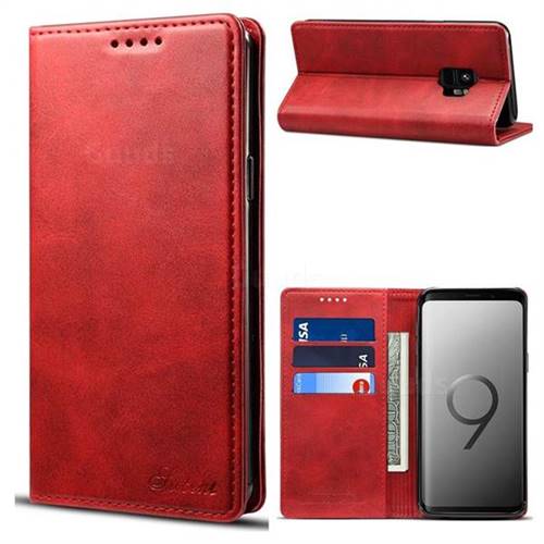 Suteni Simple Style Calf Stripe Leather Wallet Phone Case for Samsung Galaxy S9 - Red