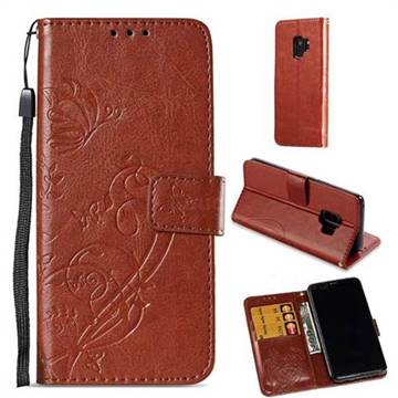Embossing Butterfly Flower Leather Wallet Case for Samsung Galaxy S9 - Brown