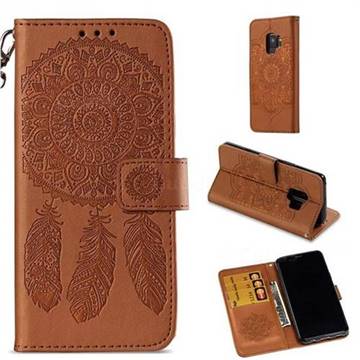 Embossing Campanula Flower Leather Wallet Case for Samsung Galaxy S9 - Brown