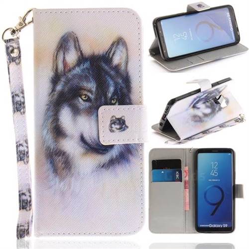 Snow Wolf Hand Strap Leather Wallet Case for Samsung Galaxy S9