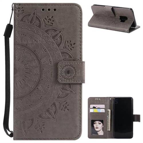 Intricate Embossing Datura Leather Wallet Case for Samsung Galaxy S9 - Gray