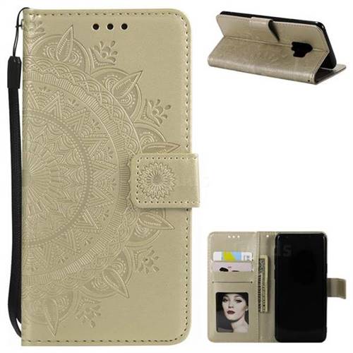 Intricate Embossing Datura Leather Wallet Case for Samsung Galaxy S9 - Golden