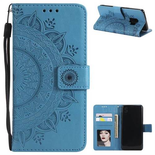 Intricate Embossing Datura Leather Wallet Case for Samsung Galaxy S9 - Blue