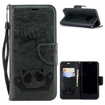 Embossing Hello Panda Leather Wallet Phone Case for Samsung Galaxy S9 - Seagreen
