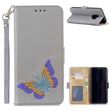 Imprint Embossing Butterfly Leather Wallet Case for Samsung Galaxy S9 - Grey