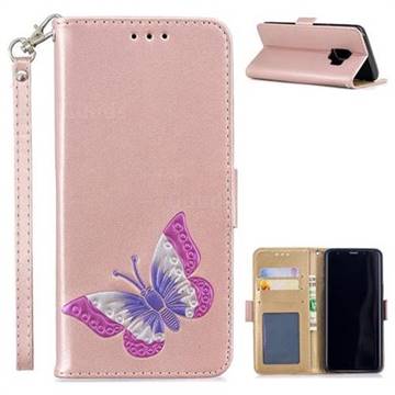 Imprint Embossing Butterfly Leather Wallet Case for Samsung Galaxy S9 - Rose Gold