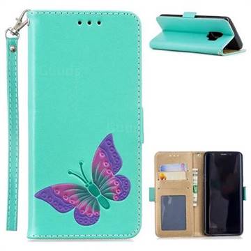 Imprint Embossing Butterfly Leather Wallet Case for Samsung Galaxy S9 - Mint Green