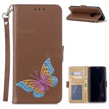 Imprint Embossing Butterfly Leather Wallet Case for Samsung Galaxy S9 - Brown