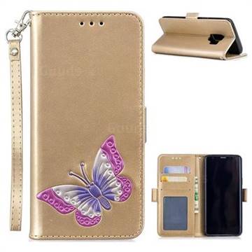 Imprint Embossing Butterfly Leather Wallet Case for Samsung Galaxy S9 - Golden