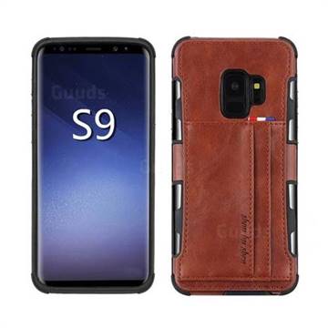 Luxury Shatter-resistant Leather Coated Card Phone Case for Samsung Galaxy S9 - Brown