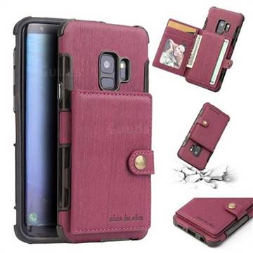 Brush Multi-function Leather Phone Case for Samsung Galaxy S9 - Wine Red