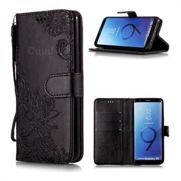 Intricate Embossing Lotus Mandala Flower Leather Wallet Case for Samsung Galaxy S9 - Black