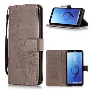 Intricate Embossing Dandelion Butterfly Leather Wallet Case for Samsung Galaxy S9 - Gray
