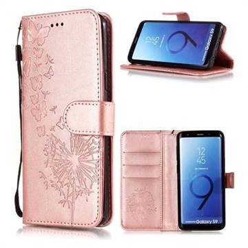 Intricate Embossing Dandelion Butterfly Leather Wallet Case for Samsung Galaxy S9 - Rose Gold