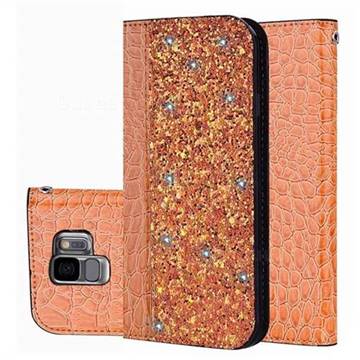 Shiny Crocodile Pattern Stitching Magnetic Closure Flip Holster Shockproof Phone Cases for Samsung Galaxy S9 - Gold Orange