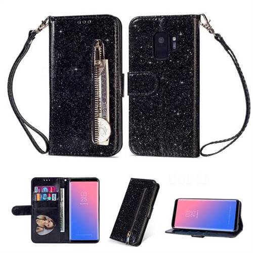 Glitter Shine Leather Zipper Wallet Phone Case for Samsung Galaxy S9 - Black