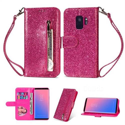 Glitter Shine Leather Zipper Wallet Phone Case for Samsung Galaxy S9 - Rose