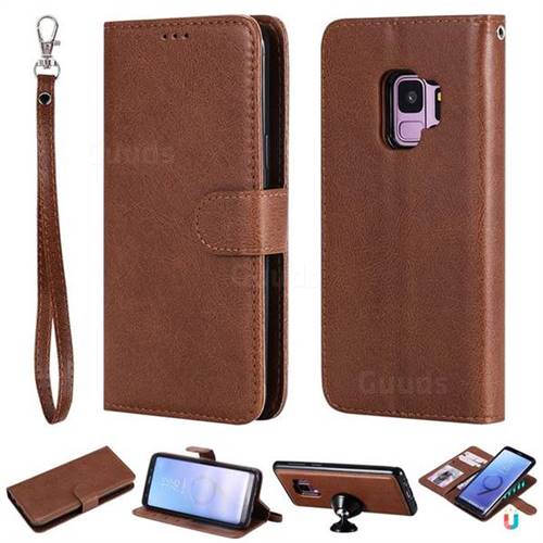 Retro Greek Detachable Magnetic PU Leather Wallet Phone Case for Samsung Galaxy S9 - Brown
