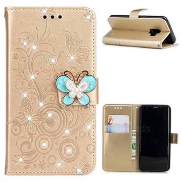 Embossing Butterfly Circle Rhinestone Leather Wallet Case for Samsung Galaxy S9 - Champagne