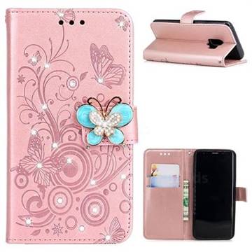 Embossing Butterfly Circle Rhinestone Leather Wallet Case for Samsung Galaxy S9 - Rose Gold
