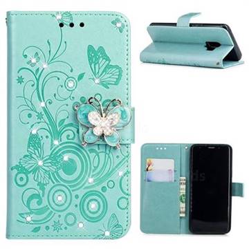 Embossing Butterfly Circle Rhinestone Leather Wallet Case for Samsung Galaxy S9 - Cyan