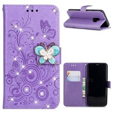 Embossing Butterfly Circle Rhinestone Leather Wallet Case for Samsung Galaxy S9 - Purple
