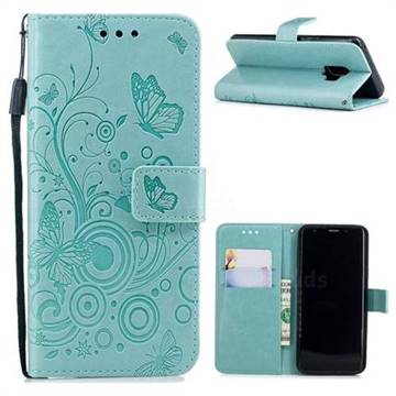 Intricate Embossing Butterfly Circle Leather Wallet Case for Samsung Galaxy S9 - Cyan