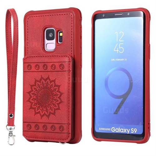 Luxury Embossing Sunflower Multifunction Leather Back Cover for Samsung Galaxy S9 - Red