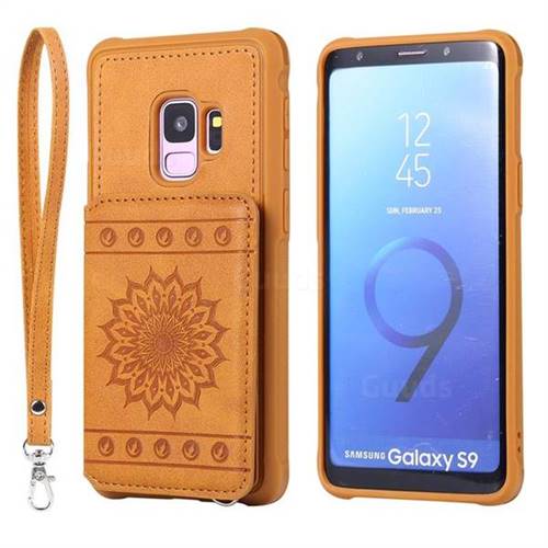 Luxury Embossing Sunflower Multifunction Leather Back Cover for Samsung Galaxy S9 - Brown