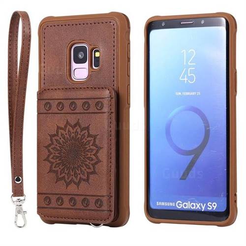 Luxury Embossing Sunflower Multifunction Leather Back Cover for Samsung Galaxy S9 - Coffee