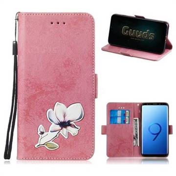Retro Leather Phone Wallet Case with Aluminum Alloy Patch for Samsung Galaxy S9 - Pink