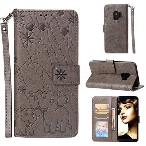 Embossing Fireworks Elephant Leather Wallet Case for Samsung Galaxy S9 - Gray