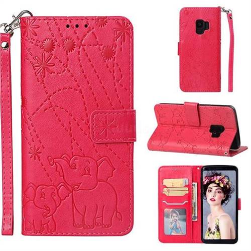 Embossing Fireworks Elephant Leather Wallet Case for Samsung Galaxy S9 - Red
