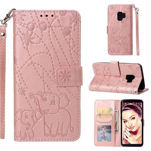 Embossing Fireworks Elephant Leather Wallet Case for Samsung Galaxy S9 - Rose Gold