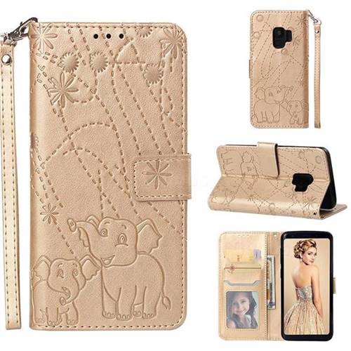 Embossing Fireworks Elephant Leather Wallet Case for Samsung Galaxy S9 - Golden