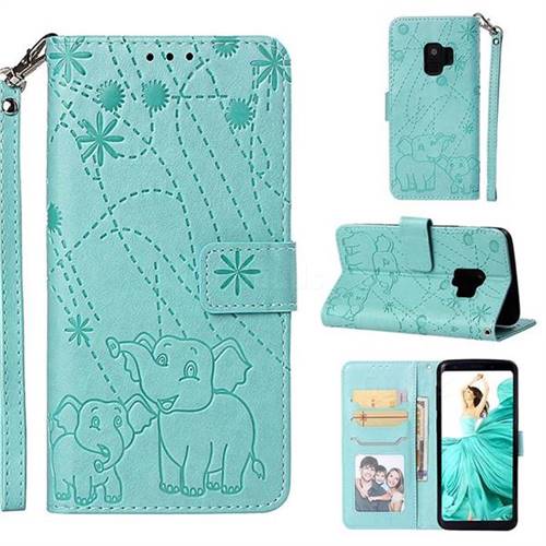 Embossing Fireworks Elephant Leather Wallet Case for Samsung Galaxy S9 - Green