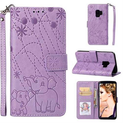 Embossing Fireworks Elephant Leather Wallet Case for Samsung Galaxy S9 - Purple