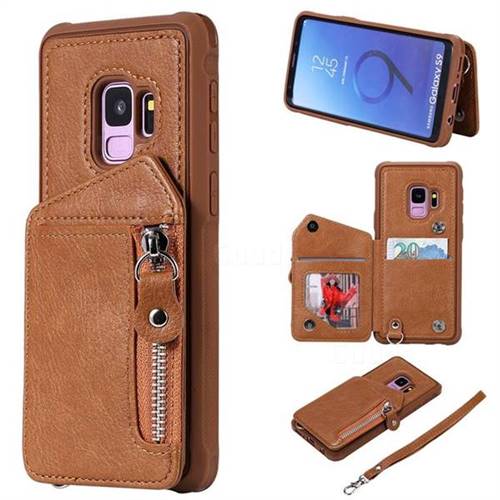 Classic Luxury Buckle Zipper Anti-fall Leather Phone Back Cover for Samsung Galaxy S9 - Brown