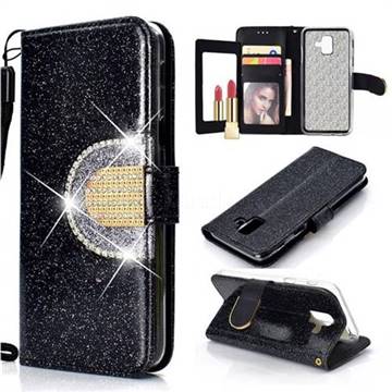 Glitter Diamond Buckle Splice Mirror Leather Wallet Phone Case for Samsung Galaxy S9 - Black