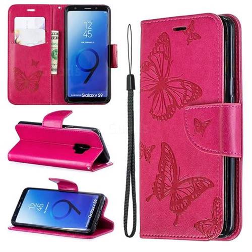 Embossing Double Butterfly Leather Wallet Case for Samsung Galaxy S9 - Red