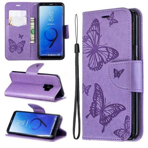Embossing Double Butterfly Leather Wallet Case for Samsung Galaxy S9 - Purple