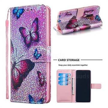 Blue Butterfly Sequins Painted Leather Wallet Case for Samsung Galaxy S9