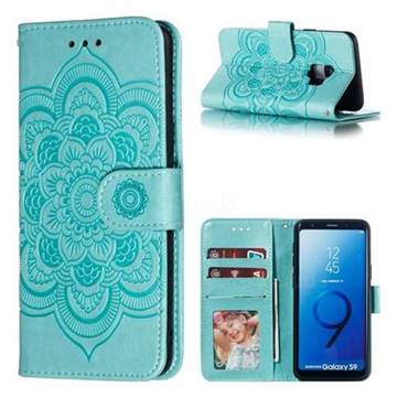 Intricate Embossing Datura Solar Leather Wallet Case for Samsung Galaxy S9 - Green