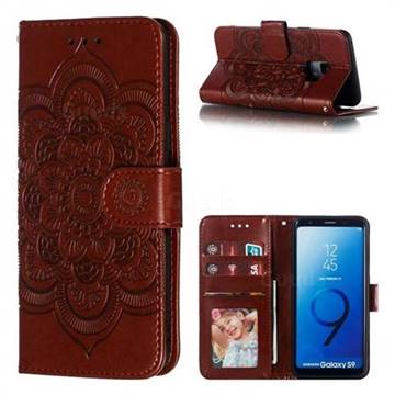 Intricate Embossing Datura Solar Leather Wallet Case for Samsung Galaxy S9 - Brown