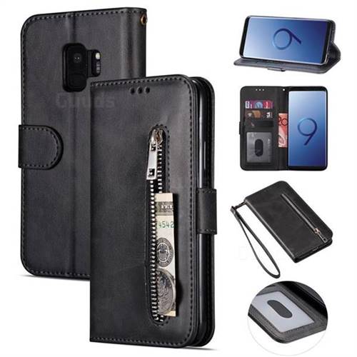 Retro Calfskin Zipper Leather Wallet Case Cover for Samsung Galaxy S9 - Black