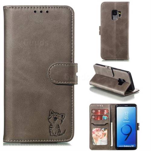 Embossing Happy Cat Leather Wallet Case for Samsung Galaxy S9 - Gray