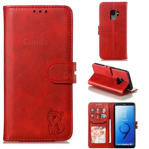 Embossing Happy Cat Leather Wallet Case for Samsung Galaxy S9 - Red